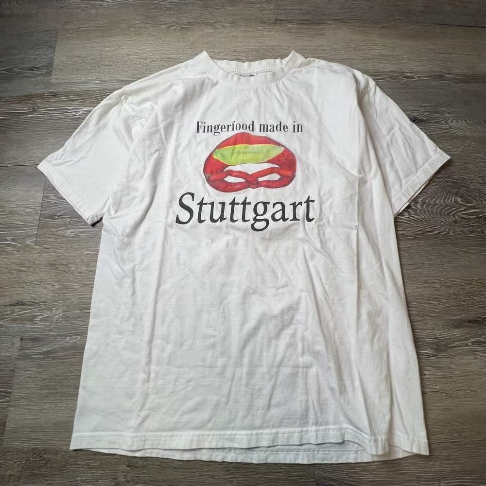 Vintage Stuttgart Pretzel Graphic T-Shirt Men L White Fingerfood Made in Germany